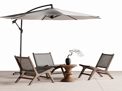 Outdoor Table With Wicker Chairs Umbrella And Decorative Plant For Patio Use 3d model