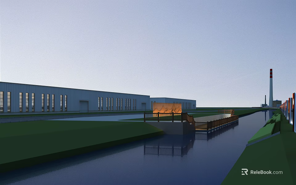 Modern Industrial Factory Building With Water Canal Green Lawn And Long Windows 3d model 