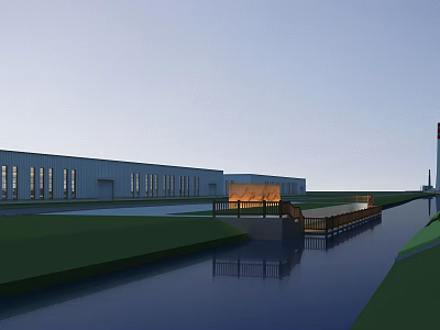 Modern Industrial Factory Building With Water Canal Green Lawn And Long Windows 3d model