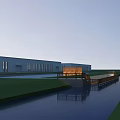 Modern Industrial Factory Building With Water Canal Green Lawn And Long Windows