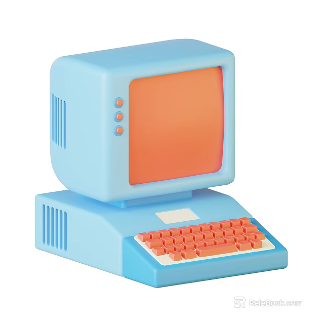 Retro Design Desktop Computer Featuring Light Blue Case Orange Screen And Keyboard 3d model