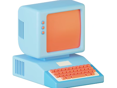 Retro Design Desktop Computer Featuring Light Blue Case Orange Screen And Keyboard 3d model