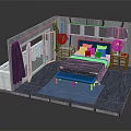 Modern Bedroom Interior With Blue Headboard Pillows Bench Nightstand Lamps Rug And Curtains