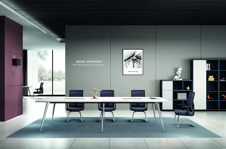 Modern Office Interior Design With Long Table Chairs Wall Art And Floor To Ceiling Windows 3d model 