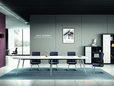 Modern Office Interior Design With Long Table Chairs Wall Art And Floor To Ceiling Windows 3d model