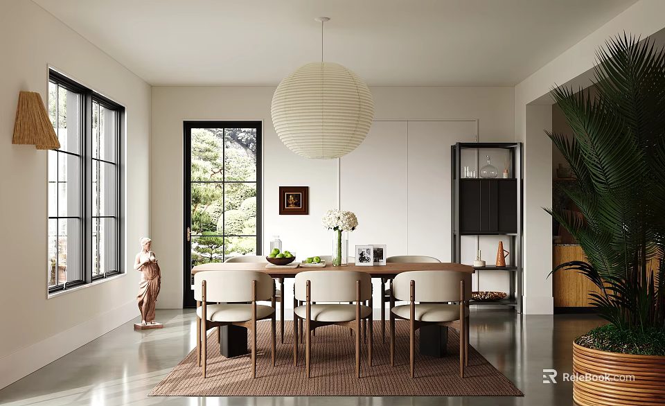 Restaurant Interior With Wooden Dining Table White Chairs Pendant Light Large Windows And Greenery View 3d model 