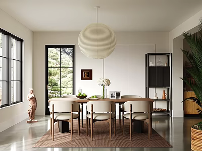 Restaurant Interior With Wooden Dining Table White Chairs Pendant Light Large Windows And Greenery View 3d model