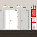 Fire Safety Equipment Setup with Fire Doors Alarm Panels and Extinguisher Cabinets