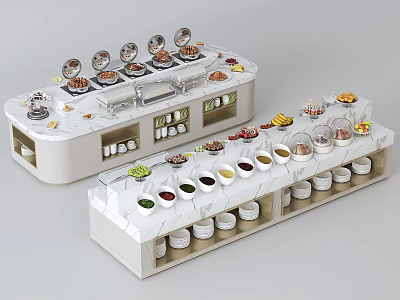 Elegant Buffet Table Design with Marble Countertop and Fresh Assorted Foods 3d model