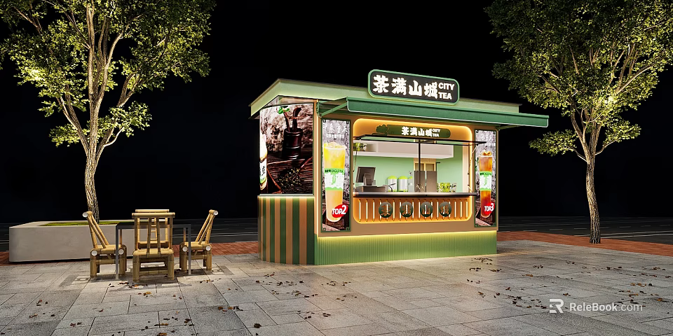Laoman Mountain Yogurt Kiosk With Green Brown Design Outdoor Tables Chairs And Trees 3d model 