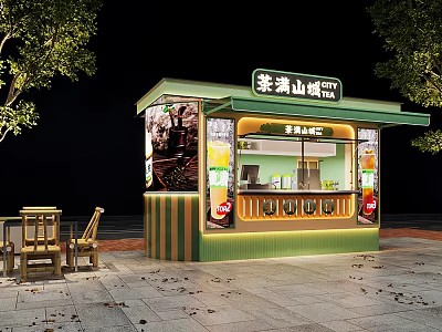 Laoman Mountain Yogurt Kiosk With Green Brown Design Outdoor Tables Chairs And Trees 3d model