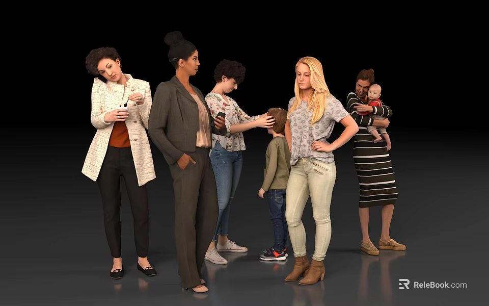 Diverse Group of Women Interacting with Children in Casual Wear and Family Setting 3d model 