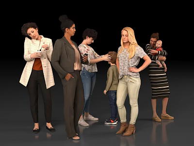 Diverse Group of Women Interacting with Children in Casual Wear and Family Setting 3d model