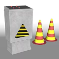 Road Facilities With Gray Metal Box Black Yellow Warning Sign And Red Yellow Traffic Cones