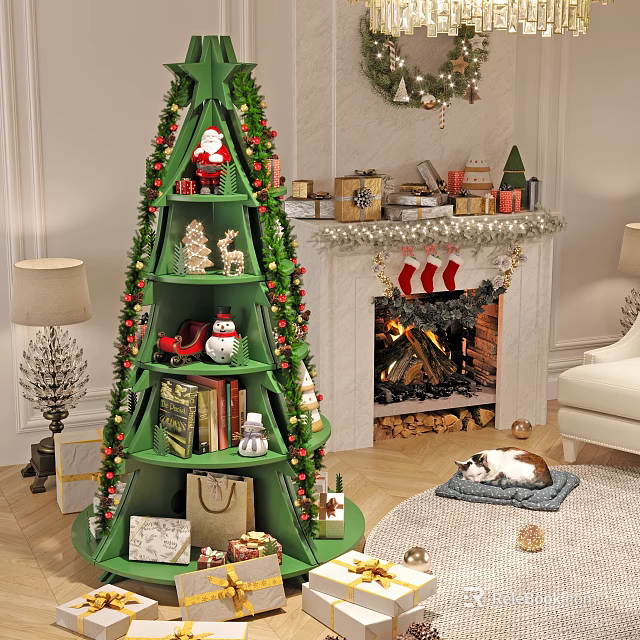 Festive Green Decorative Cabinet With Santa Snowman Gift Boxes And Christmas Decorations 3d model 