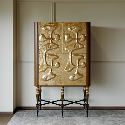 Elegant Ornate Console Cabinet with Golden Carved Patterns Brown Body and Black Metal Base 3d model