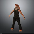 3D Anthropomorphic Character With Red Ears Animal Head And Dark Clothing Standing On Gray Background