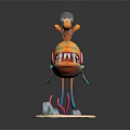 Cartoon Character With Fish Creature Lightbulb Head Orange Body Blue Fins Sharp Teeth Sand Base