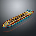 Blue And Yellow Tanker Ship With Decorative Patterns On Deck As Water Transport Vehicle