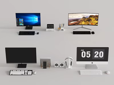 Modern Computer Monitors Desktop Setup With Keyboard Mouse Headphones Speakers And Digital Clock 3d model