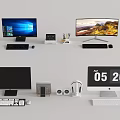 Modern Computer Monitors Desktop Setup With Keyboard Mouse Headphones Speakers And Digital Clock 3d model