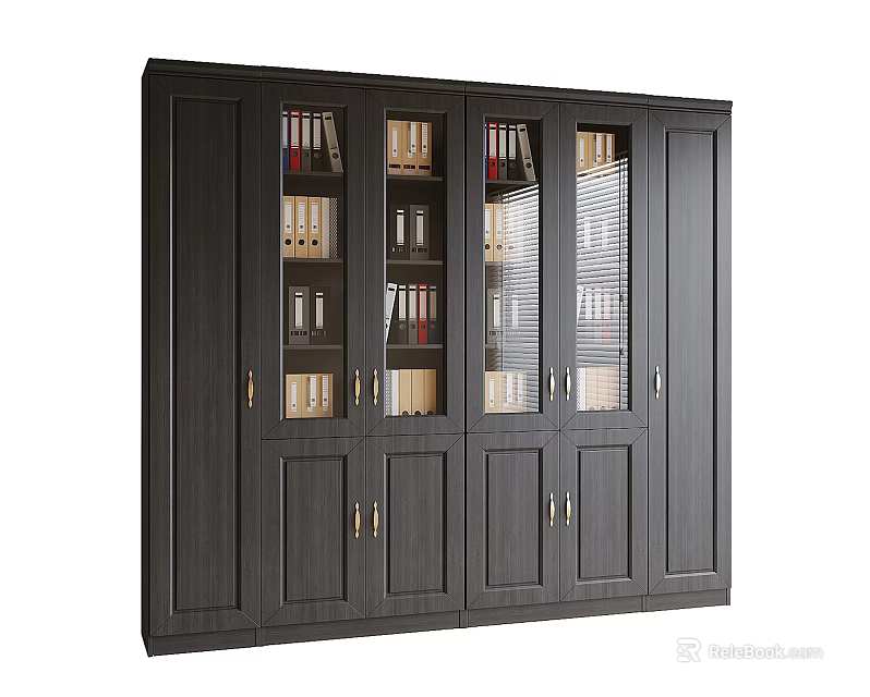 Dark Wood Bookcase With Glass Doors And Multiple Compartments For Files 3d model 