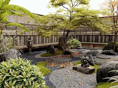 Japanese Courtyard Garden With Wooden Fence Stones Moss Fallen Leaves And Stone Lanterns 3d model