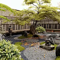 Japanese Courtyard Garden With Wooden Fence Stones Moss Fallen Leaves And Stone Lanterns