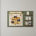 Modern Green Wall Decor With Map Photos Shelves And Lighting Fixture