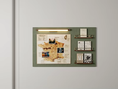Modern Green Wall Decor With Map Photos Shelves And Lighting Fixture 3d model