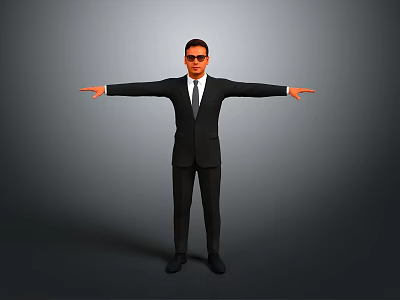 Man In Black Suit With Sunglasses Standing With Arms Outstretched Against Gray Background 3d model