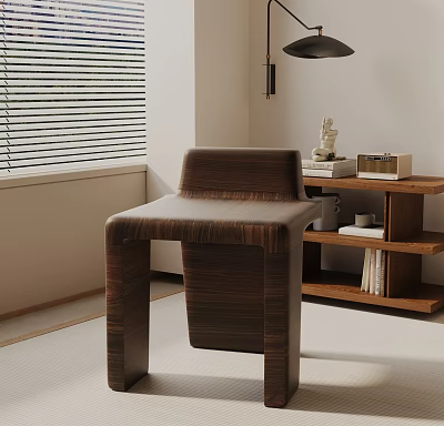 Minimalist Modern Wooden Side Table in Living Room with Bookshelf Table Lamp and Decorative Items 3d model