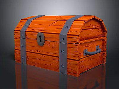 Orange Wooden Treasure Chest With Textured Surface Gray Metal Straps Lock And Handle 3d model