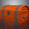 Orange Wooden Treasure Chest With Textured Surface Gray Metal Straps Lock And Handle