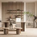 Modern Study Room With Wooden Wall Floating Shelves Long Desk Laptop Small Stools And Green Plant