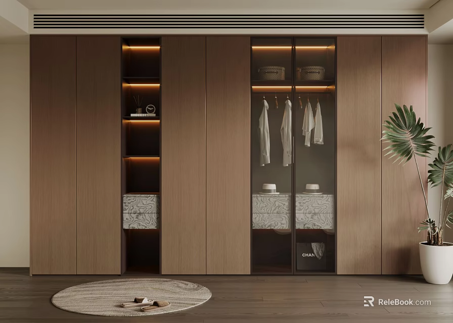 Modern Wooden Wardrobe With Glass Doors Interior Lighting And Hanging Clothes Design 3d model 