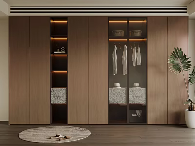 Modern Wooden Wardrobe With Glass Doors Interior Lighting And Hanging Clothes Design 3d model