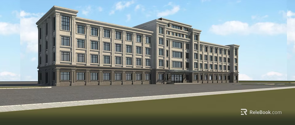 Modern Office Building With Symmetrical Facade Large Windows And Spacious Front Plaza 3d model