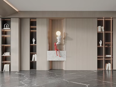 Modern Elegant Luxury Bookcase Design With Wooden Shelves And Decorative Items 3d model