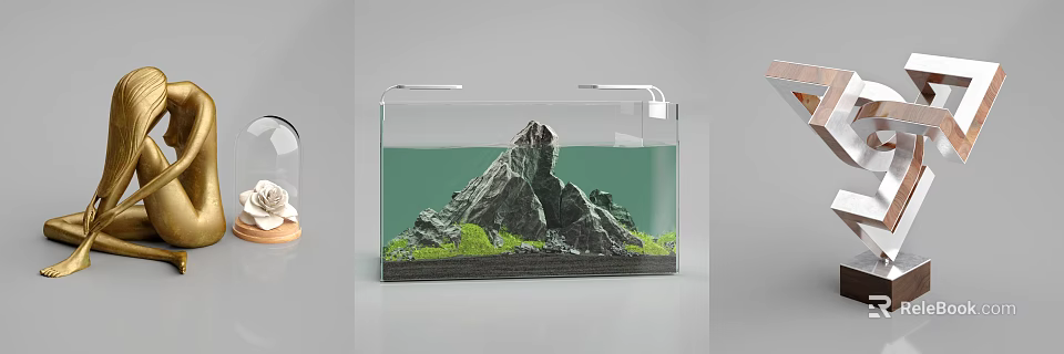 Decorative Ornament Set For Fish Tank With Rockery Green Plants And Stones 3d model 