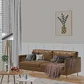 Cozy Brown Sofa Coffee Table Set with Pillows Pink Blanket Fruits Vase and Wall Art