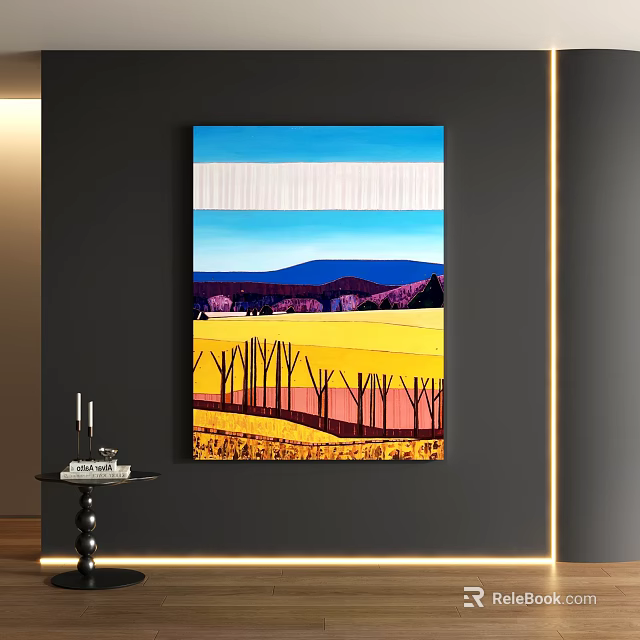 Abstract Painting Featuring Yellow Field Purple Trees Distant Mountains Blue White Sky Interior Decor 3d model 