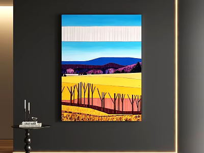 Abstract Painting Featuring Yellow Field Purple Trees Distant Mountains Blue White Sky Interior Decor 3d model