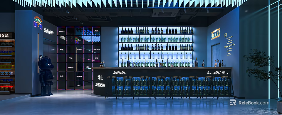 Modern Bar Interior With Shelves Full Of Wine Bottles Bar Counter And Neon Lighting 3d model 