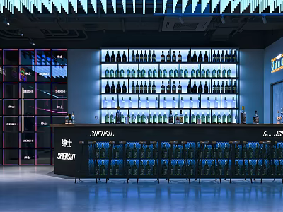 Modern Bar Interior With Shelves Full Of Wine Bottles Bar Counter And Neon Lighting 3d model