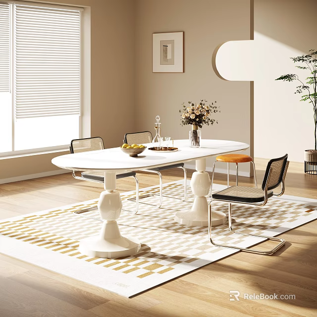Modern Bright White Dining Table Set With Pedestal Legs Chairs Vase Flowers And Geometric Rug 3d model 