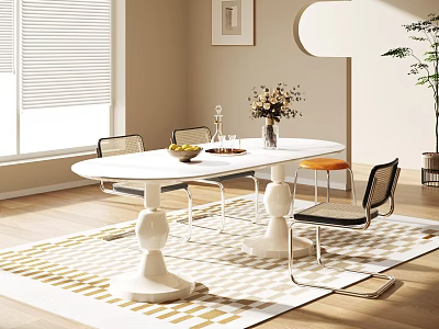 Modern Bright White Dining Table Set With Pedestal Legs Chairs Vase Flowers And Geometric Rug 3d model