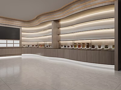 Modern Display Space With Curved Walls Illuminated Shelves Containers Wooden Cabinets And Smooth Tile Floor 3d model