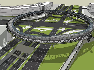 Ring Shaped Bridge Structure Over Road Interchange With Surrounding Buildings And Green Spaces 3d model