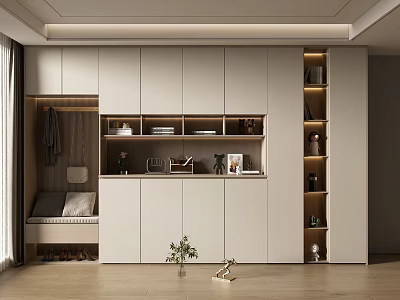 Modern Shoe Cabinet Interior Design With Storage Cabinets Open Shelves And Decorative Plants 3d model